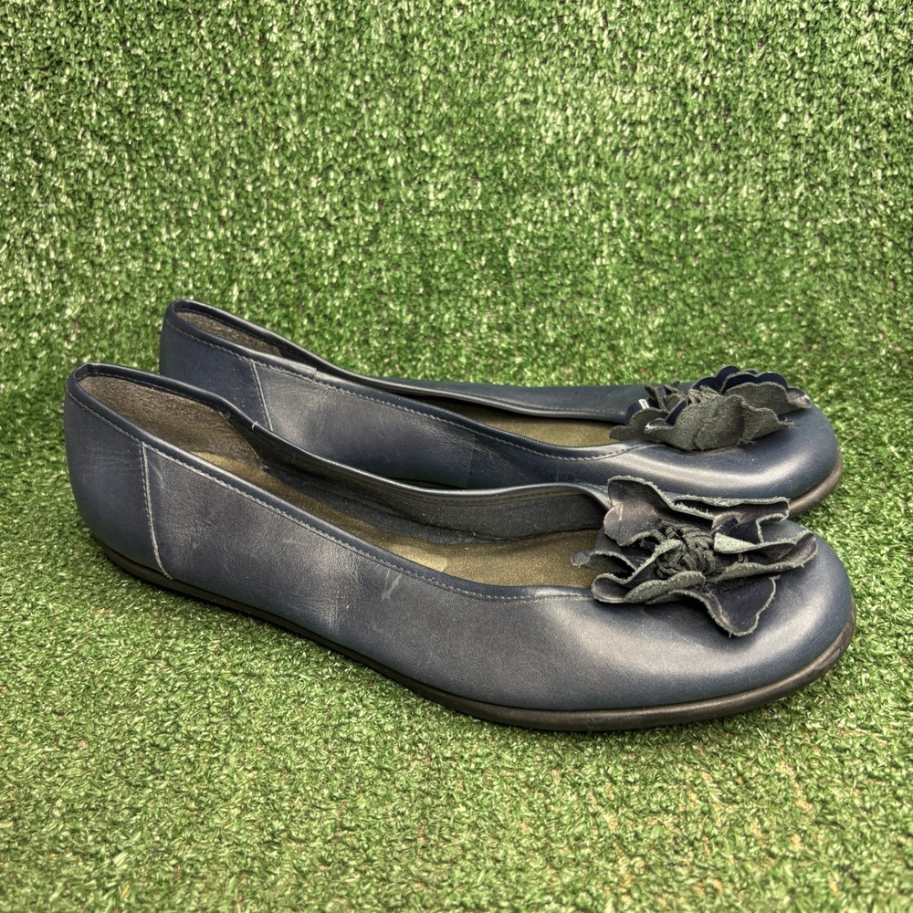Clarks Cushion Soft Leather Flower Applique Ballet Flat Navy Blue Women 9.5 Wide